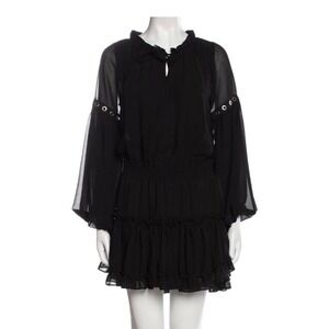 MISA Los Angeles Black Boho Mini Dress Balloon Sleeve Grommet Tie Neck M